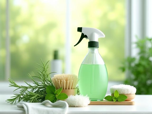 Fresh herbs and cleaning tools arranged for natural efficacy